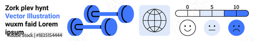 Fitness training, emotional wellbeing, global health, mental states, personal growth, self-care. Blue dumbbells, a grid globe a mood scale and face icons. Fitness and emotional wellbeing