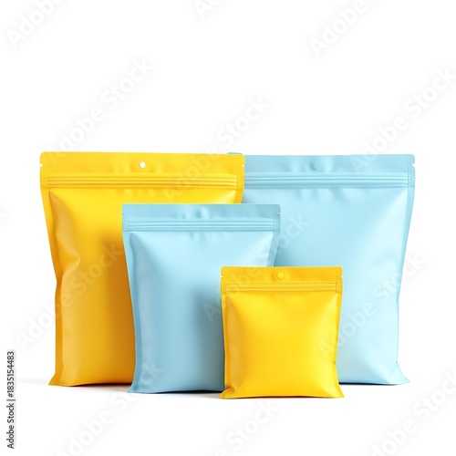 Assortment of yellow and blue stand up pouches of varying sizes on a white background studio shot