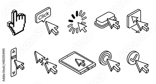 Isometric pixel art cursor icons set. Click here pointer, loading and resize arrows for web design