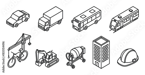 Isometric transportation and construction vehicles icons set. Car, truck, bus, train and building tools