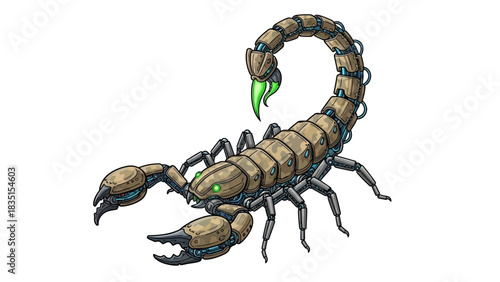 Futuristic robotic scorpion with glowing green stinger and powerful armored claws