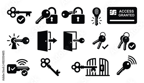 Key and lock icons set. Access control, security, authentication, opening, closing, permission, privacy.