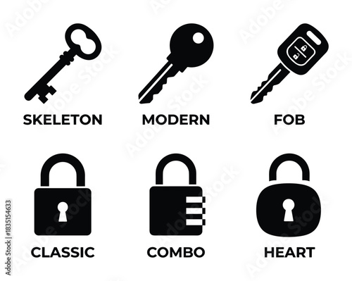 Keys and locks security symbols. Access protection elements. Different lock types. Privacy icons.