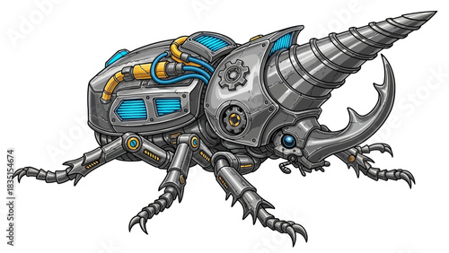 Futuristic robotic beetle illustration with metallic armor and cybernetic enhancements