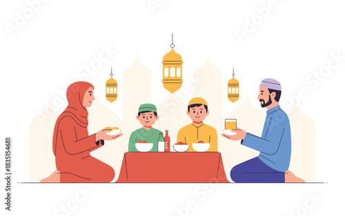 Ramadan Family Iftar Celebration with Traditional Lanterns: Muslim People Sharing Food at Home During Holy Month of Fasting and Prayers Illustration.