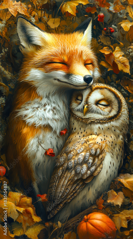 Fototapeta premium Adorable Fox and Owl Cuddling in Autumn Woods Depicting Unusual Animal Friendship and Harmony in Nature