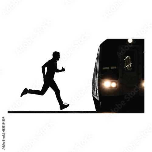 Man urgently running to catch the train before it departs, a race against time