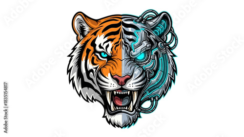 Cyberpunk tiger head with robotic enhancements, perfect for futuristic gaming designs