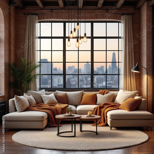 Living room interior with cityscape view, large window, and comfortable sectional sofa arrangement indoors