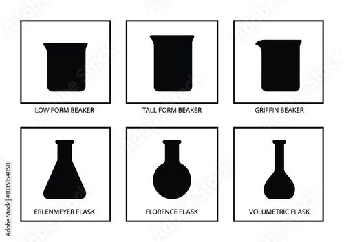 Laboratory glassware collection. Scientific beakers and flasks. Chemistry equipment for research and experiments.