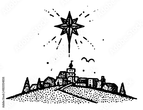 Christmas Star of Bethlehem Shining Over Town Hand Drawn Woodcut Vector Illustration