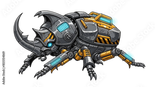 Cybernetic rhinoceros beetle with futuristic robotic design for gaming or sci-fi concepts