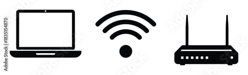 Laptop computer. Wifi signal symbol. Internet router. Network connection devices.