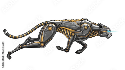 Sleek robotic cheetah sprinting with futuristic design and glowing blue laser eyes