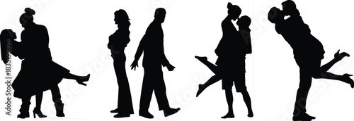 Silhouettes of couples in romantic poses, capturing moments of love and affection