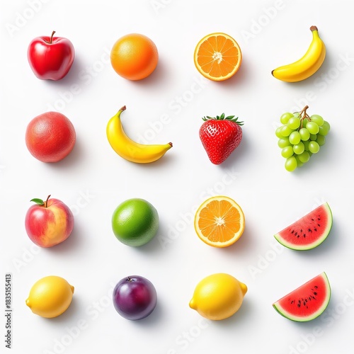 A flat lay arrangement of various fruits including apples bananas oranges and watermelon on white