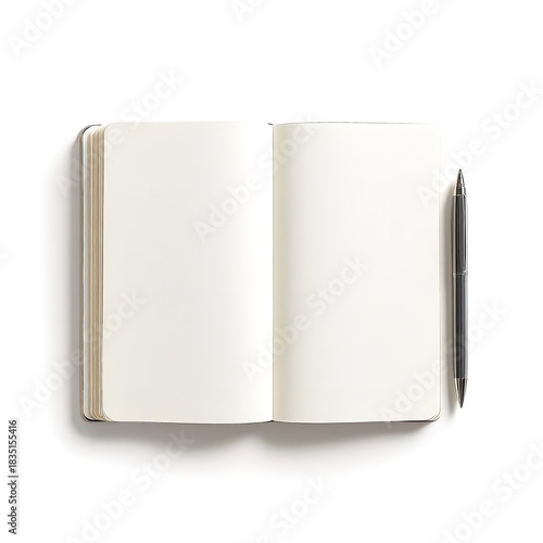 Open blank notebook with a pen lying on the side isolated on a white studio background view from above