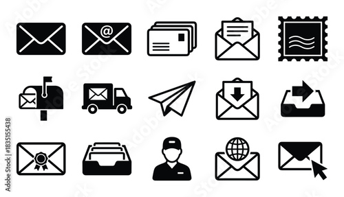 Mail and email icons set. Post service and online communication symbols. Envelope messages delivery.
