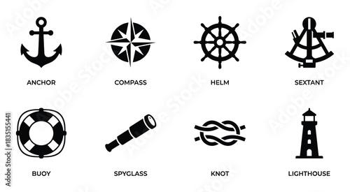 Marine and sailing icons. Anchor, compass, helm. Sextant, buoy, spyglass. Knot, lighthouse.
