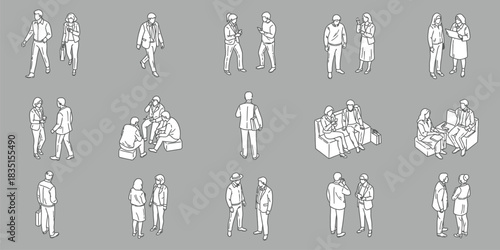 Line Art of People Walking and Talking in Business Casual Attire, Illustration of Isometric Figures in Various Poses, Representing Communication, Collaboration, and Modern Lifestyle vector graphics. 