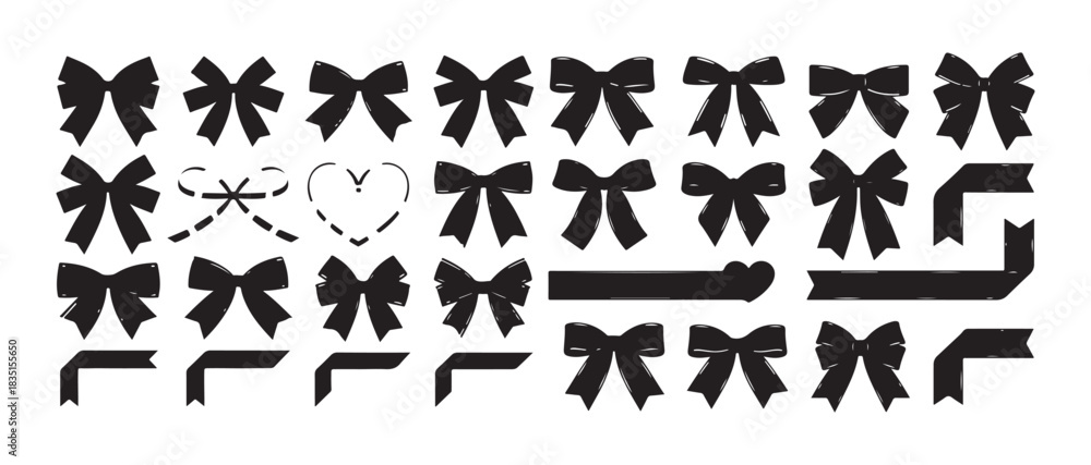 Naklejka premium Set of thirty-six black bows and ribbons. vector illustration of simple elegant decor elements for gifts