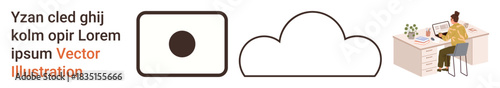 Cloud technology, remote work, data storage, digital organization, virtual collaboration, IT solutions. Abstract shapes with cloud and workspace with person at desk. Cloud technology and remote work