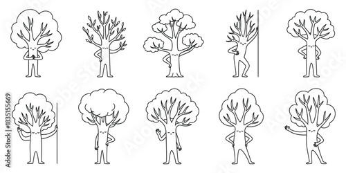 Whimsical Arboreal Characters Diverse Arbor, Avatar Lineup, Funny Tree, People Assortment, Forest Residents, Eccentric Forest Figures, Unique Tree-Like Personages, Natural Characters elements. 