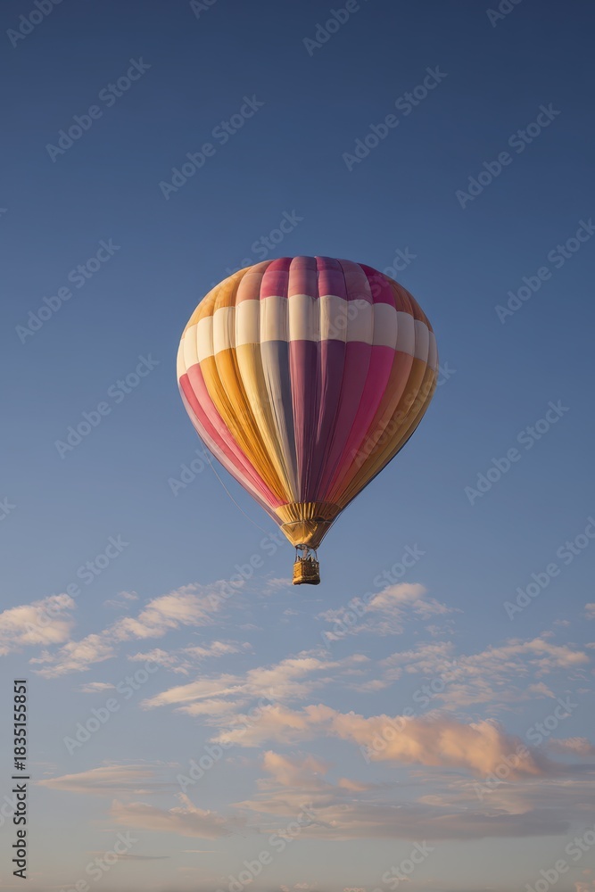 Fototapeta premium Single colorful hot air balloon against an open sky, serene aerial composition