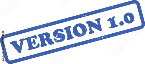 Blue Version 1.0 Rectangular Stamp, Isolated on White Background, Grunge Rubber