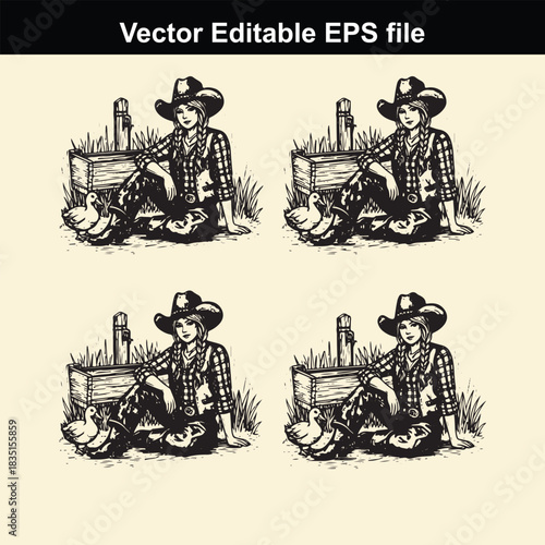 vintage style vector illustration of a cowgirl sitting next to a wooden crate with chickens, repeated four times in a grid pattern, perfect for western theme design