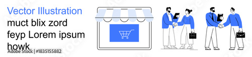 Online shopping, partnership, teamwork, business negotiations, digital commerce, collaboration. Digital storefront with a shopping cart icon and professionals shaking hands. Online shopping