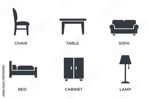 Minimalist furniture icons. Chair table sofa bed cabinet lamp illustrations for interior design.