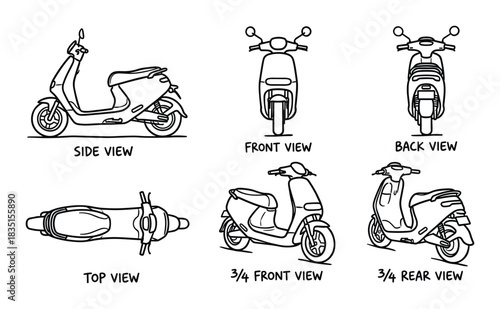 Modern electric scooter. E-scooter outline set. Urban mobility. Eco-friendly transport. Different views.