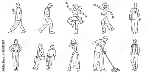 Diverse People Pose Collection, Elegant Human Figure Outlines Modern Individual Portrayals, Chic People Depiction, Various Human Representation Styles, People Silhouette Vector.