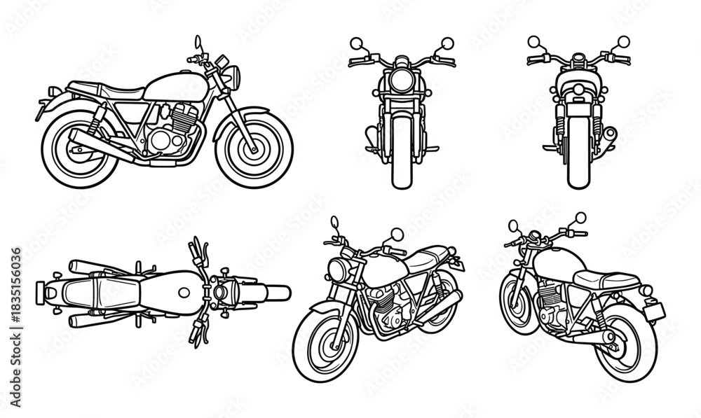Fototapeta premium Motorcycle views set. Side front back top 3/4 front 3/4 rear hand drawn line art illustration.