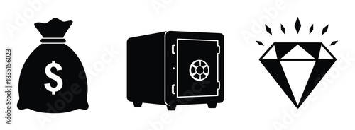 Money bag icon. Safe icon. Diamond icon. Financial symbols. Security and wealth elements.