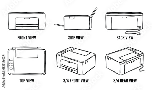 Modern multifunction printer views collection. Front, side, back, top, and 3/4 perspective sketches.