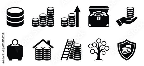 Money, savings, financial growth, investment, wealth. coins, piggy bank, treasure, income, business icons.