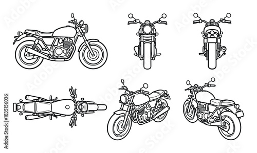 Motorcycle views set. Side front back top 3/4 front 3/4 rear hand drawn line art illustration.