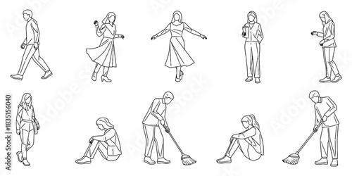 People Cleaning and Exercising Vector Design Elements Pack: Character Drawings for Architectural Interior Designs and Landscaping Plans. 