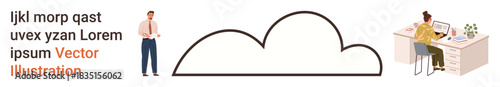 Cloud computing, remote work, collaboration, technology, data storage, modern workspace. A person works at a desk near a stylized cloud design, alongside a standing individual. Cloud computing