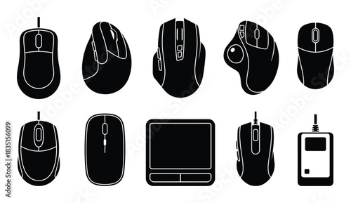 Mouse vector set, input device, computer accessories, modern gadget, pointer tool, ergonomic design.