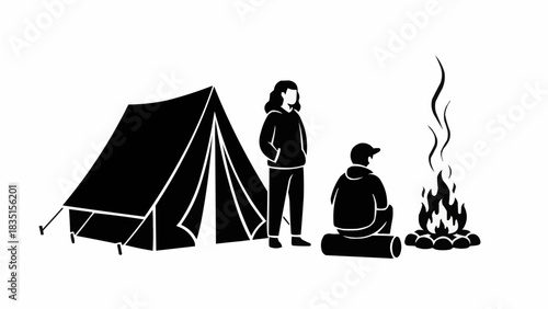 Camping scene with tent, people, and campfire under the sky.