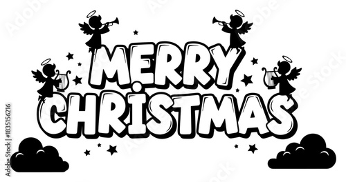 Merry Christmas lettering decorated with silhouette angels playing musical instruments and stars vector illustration