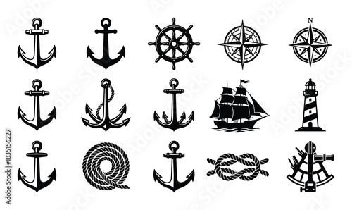 Nautical icons collection. Anchor, ship wheel, compass, sailing ship, and lighthouse. Marine navigation symbols.