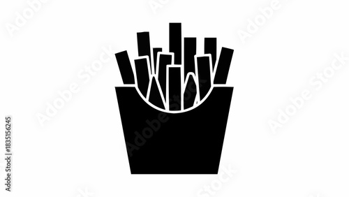 Black and white icon of french fries in a red carton.