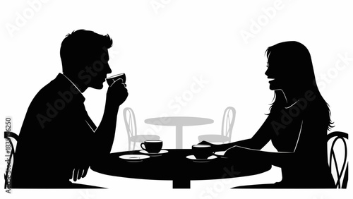 Silhouette of a man and woman on a coffee date talking.