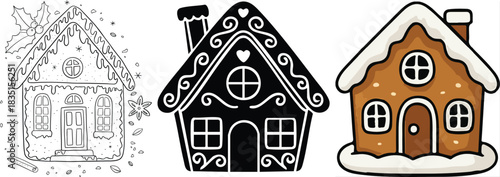 Christmas gingerbread house collection with line art for coloring, a black and white icon, and a sweet festive cartoon design
