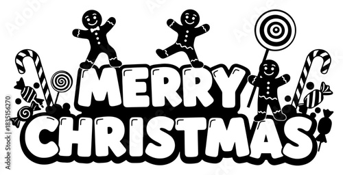 Merry Christmas typography with gingerbread men candy canes and sweets silhouette