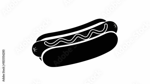 Classic Hot Dog with Mustard Silhouette on White Background.